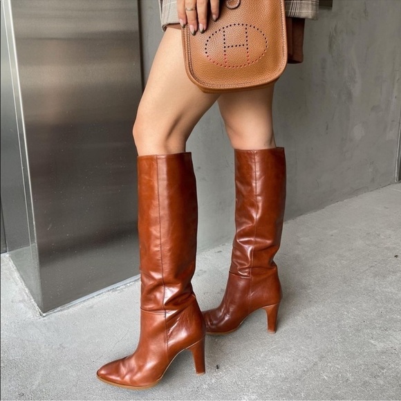 Zara Leather Boots Heels Bloggers Favorite Size US 7.5 In Brown Cognac Color NWT - Picture 3 of 16